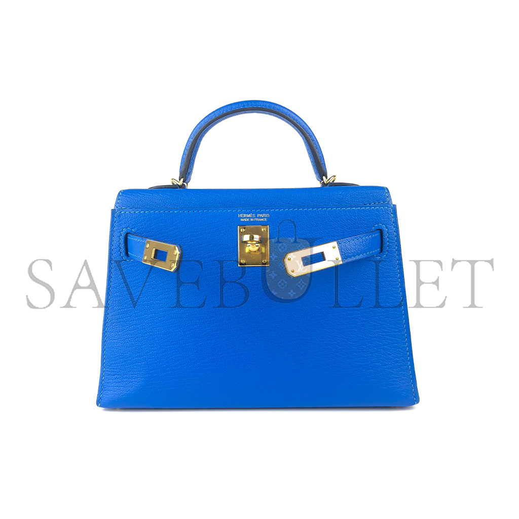 HERMÈS MINI KELLY II BLUE HYDRA CHÈVRE LEATHER GOLD HARDWARE (19*12*5.5cm)